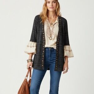 Soft Surroundings‎ PXL Black Embellished Button Top Linen Cotton Blend Textured